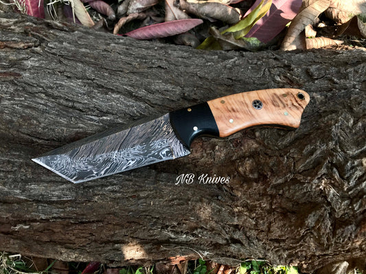 |NB KNIVES| CUSTOM HANDMADE DAMSCUS TANTO BLADE KNIFE Handle: wood with Micarta