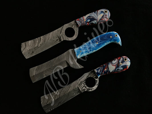 Set of 3 Beautiful Damascus Bull Cutter Knives with Resin Handles & Leather Sheaths