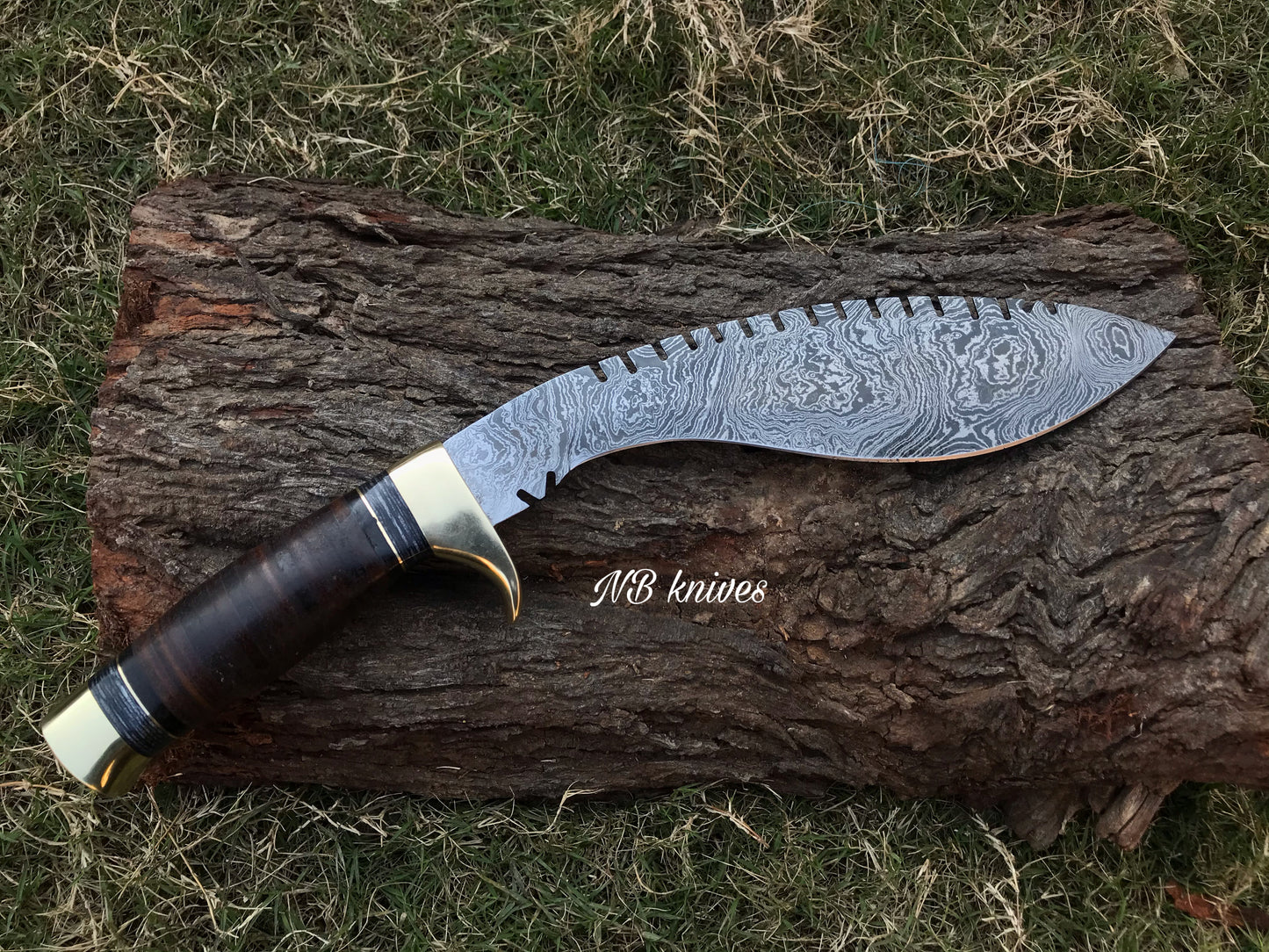 |NB KNIVES| HAND MADE DAMASCUS KUKRI BOWIE KNIFE - STACKED LEATHER - BRASS GUARD - NB CUTLERY LTD