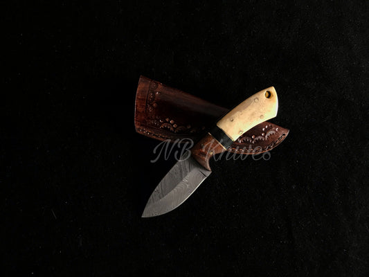 Handcrafted Damascus Skinner Knife with Camel Bone & Rosewood Handle