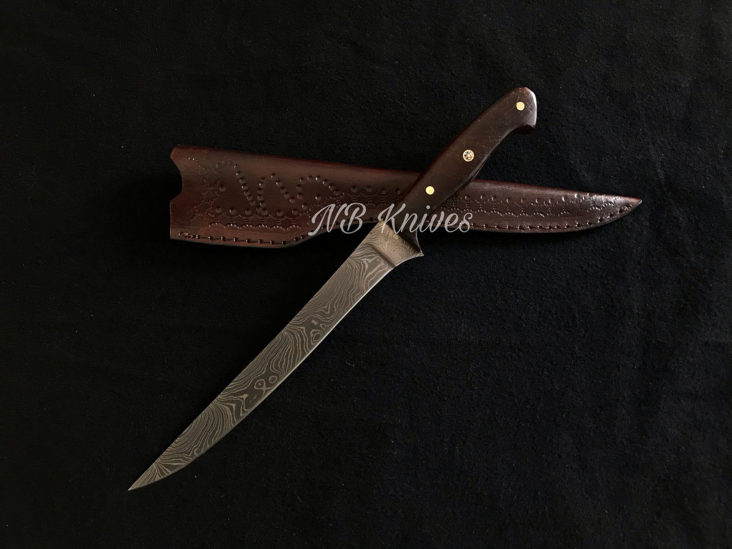 |NB KNIVES| Custom Handmade Damascus Steel Fillet Fish Knife With Leather Sheath