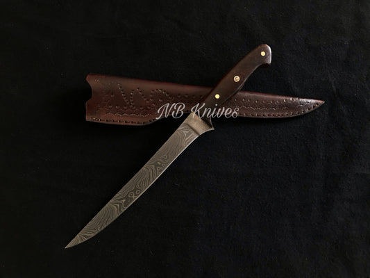 |NB KNIVES| Custom Handmade Damascus Steel Fillet Fish Knife With Leather Sheath