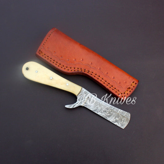 Camel Bone Handle Damascus Steel Bull Cutter Knife with Leather Sheath