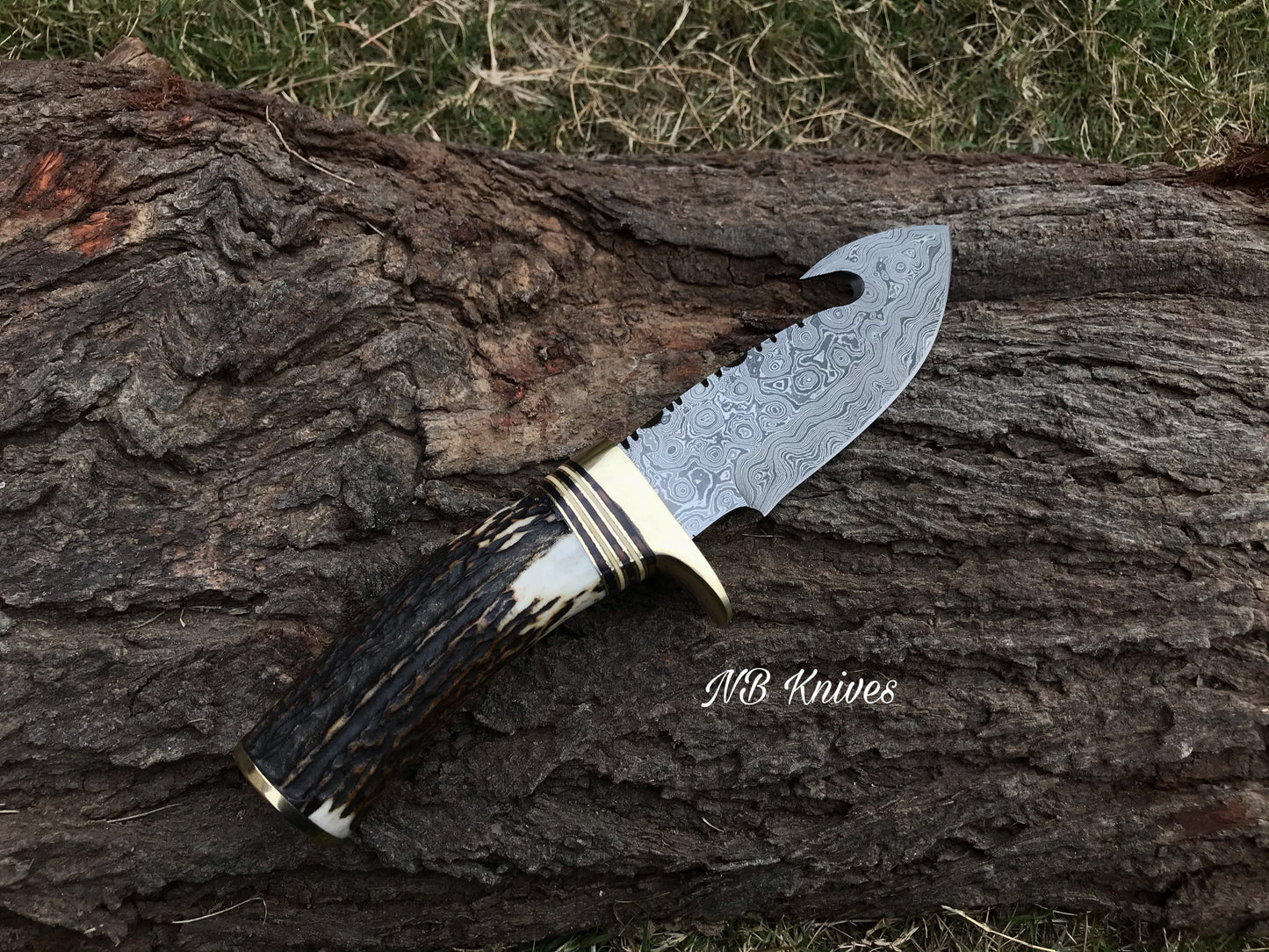 |NB KNIVES| CUSTOM HANDMADE DAMASCUS STAG HORN GUTHOOK KNIFE WITH LEATHER SHEATH