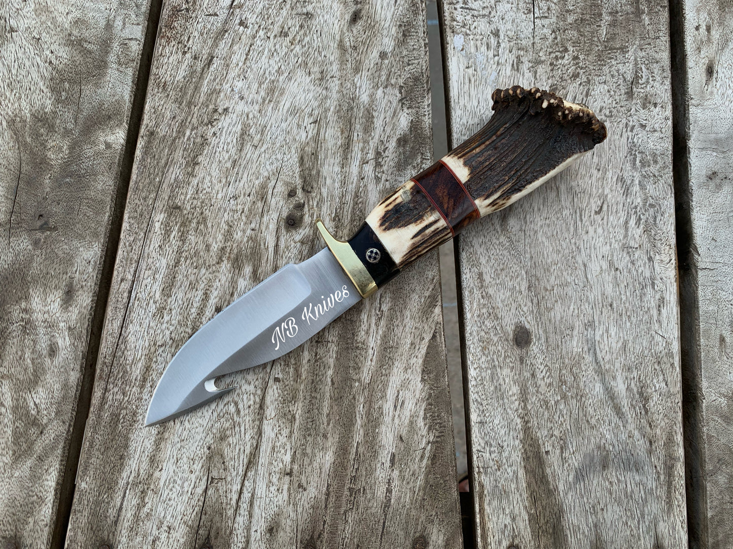 |NB KNIVES| CUSTOM HANDMADE D2 STEEL STAGHORN GUTHOOK KNIFE WITH LEATHER SHEATH