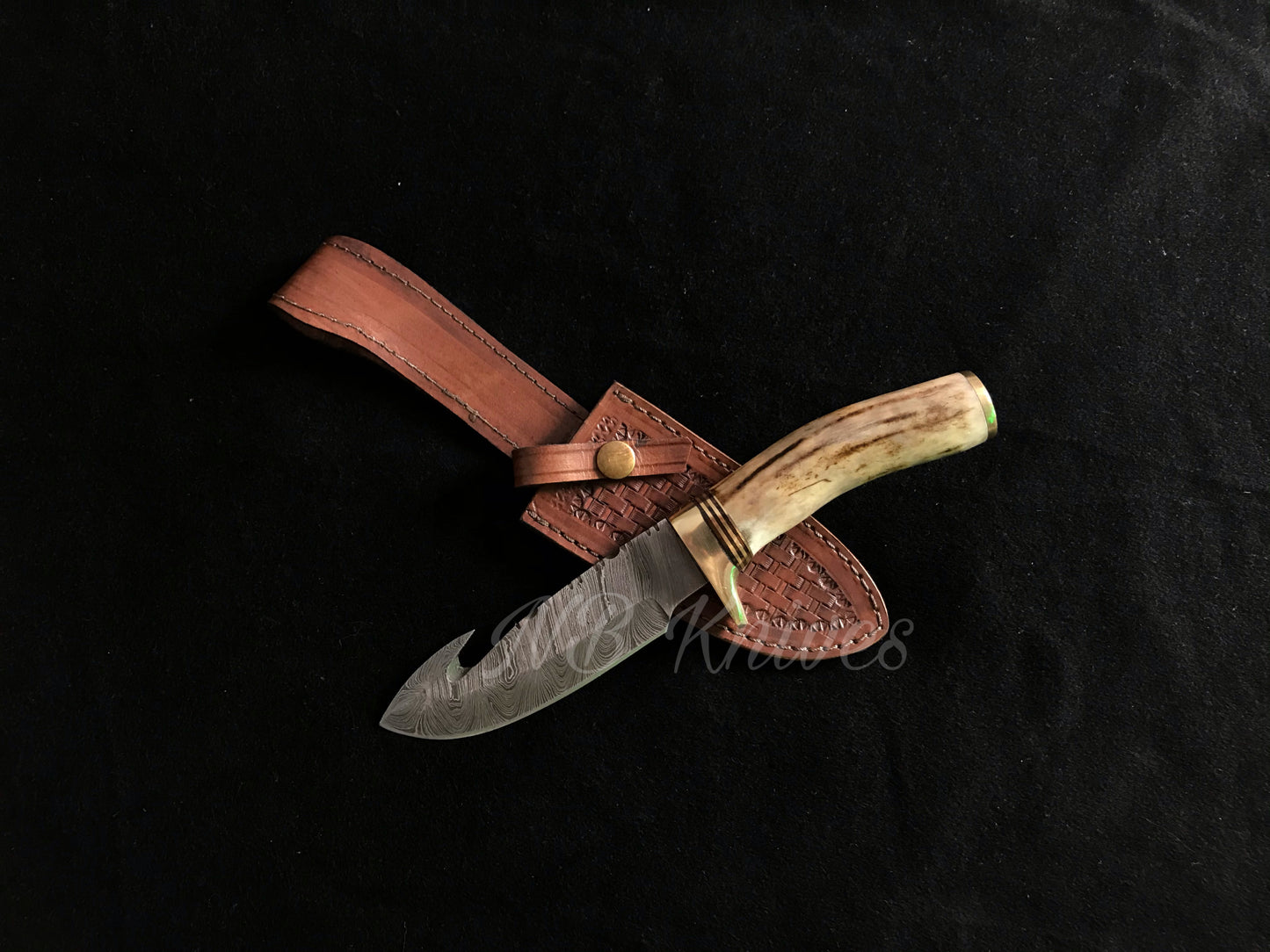 |NB KNIVES| CUSTOM HANDMADE DAMASCUS STAG HORN GUTHOOK KNIFE WITH LEATHER SHEATH