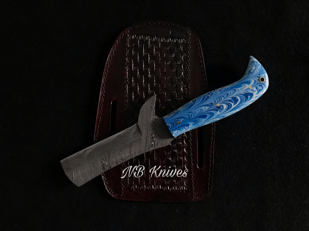 Resin Handle Damascus Cowboy Bull Cutter Knife with Leather Sheath