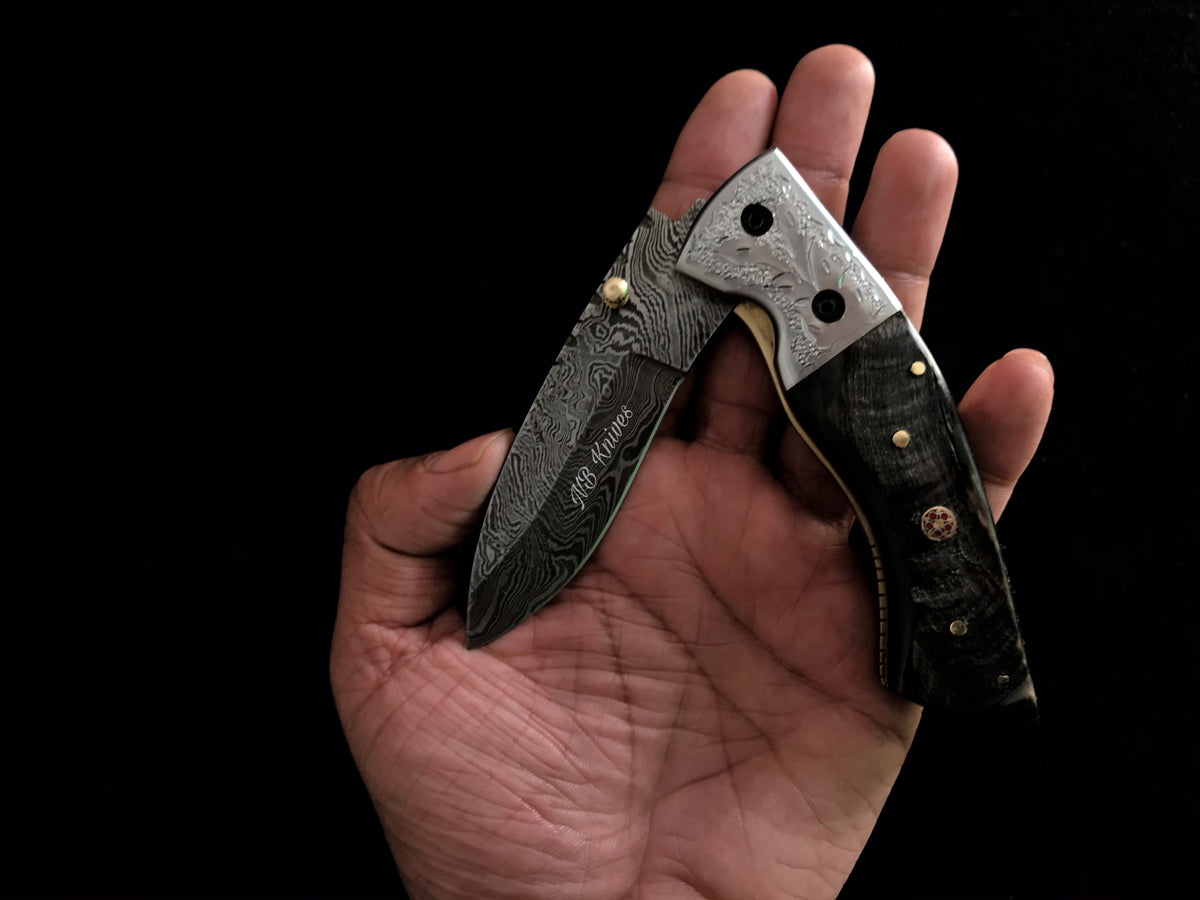 |NB KNIVES| CUSTOM HADNMADE DAMASCUS POCKET KNIFE WITH LEATHER SHEATH