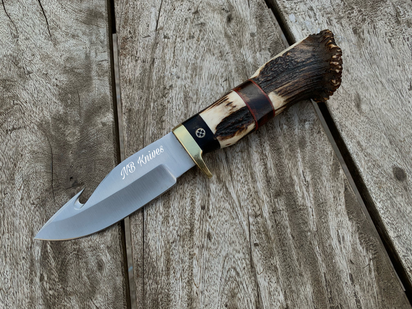 |NB KNIVES| CUSTOM HANDMADE D2 STEEL STAGHORN GUTHOOK KNIFE WITH LEATHER SHEATH