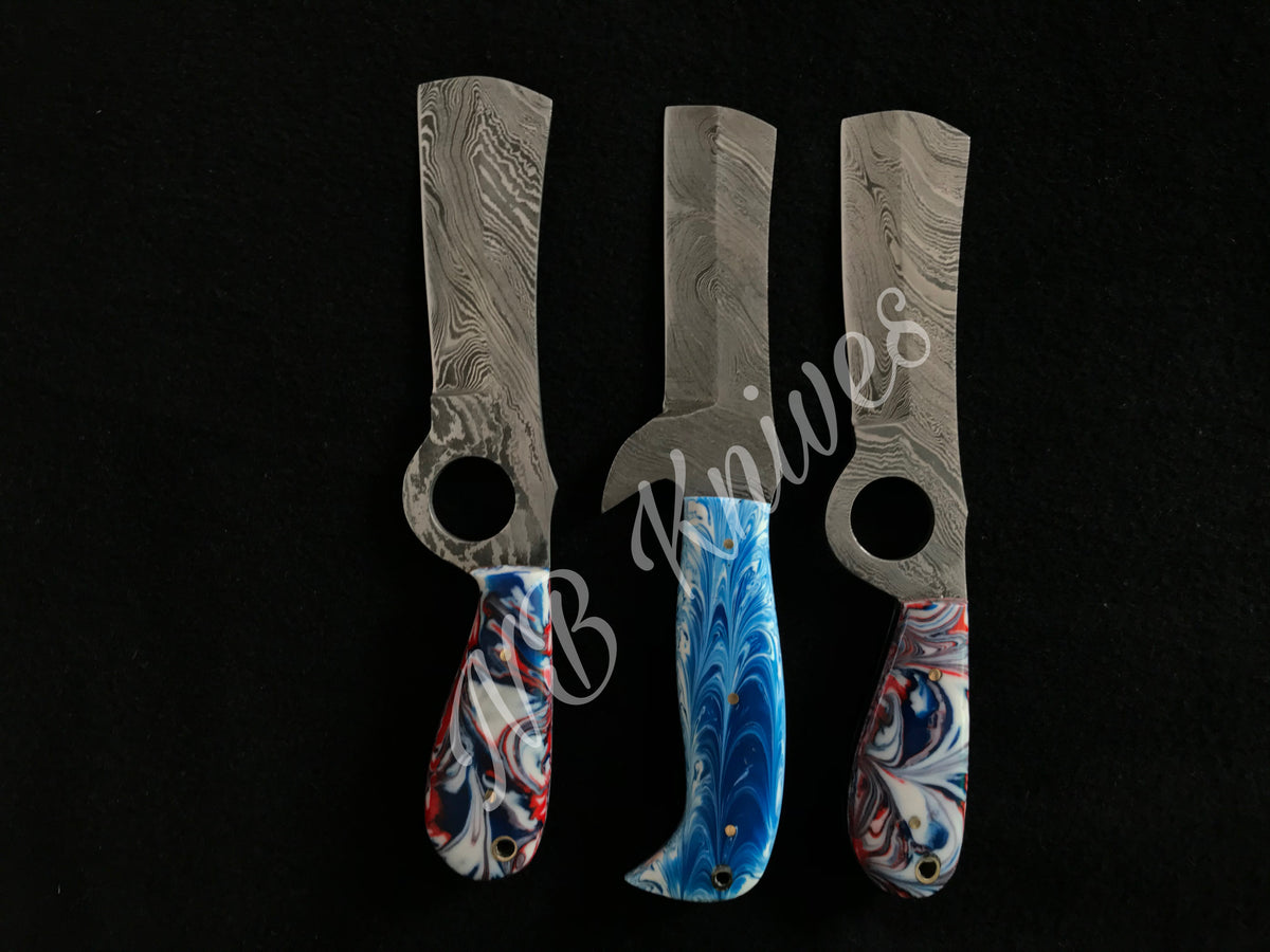 Set of 3 Beautiful Damascus Bull Cutter Knives with Resin Handles & Leather Sheaths