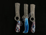 |NB KNIVES | LOT OF 3 CUSTOM HANDMADE DAMASCUS COWBOY BULL CUTTER KNIVES WITH LEATHER SHEATHS