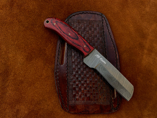 Hand-Forged Damascus Bull Cutter with Pakka Wood Handle & Cross-Draw Sheath