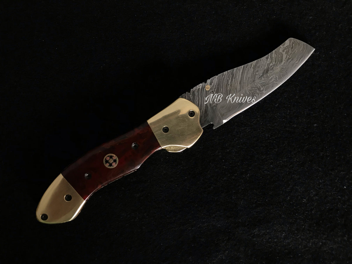 |NB KNIVES| CUSTOM HAND MADE DAMASCUS POCKET KNIFE WITH LEATHER SHEATH