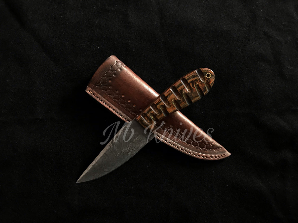 Handcrafted Damascus Skinning Knife with Hardwood Handle & Leather Sheath