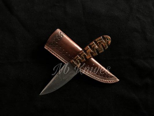 Handcrafted Damascus Skinning Knife with Hardwood Handle & Leather Sheath