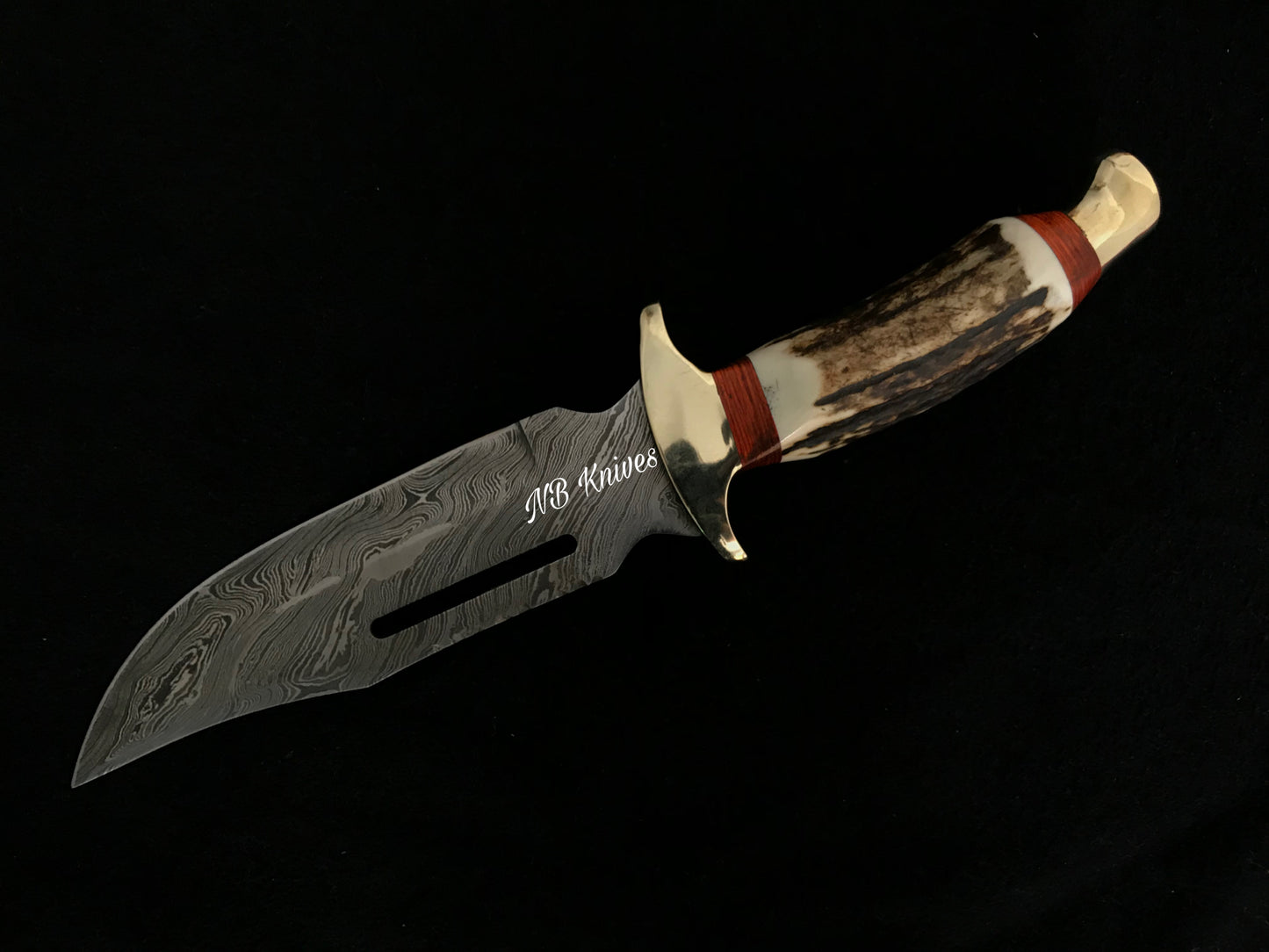 |NB KNIVES| CUSTOM HANDMADE DAMASCUS STAG HORN HUNTING KNIFE WITH LEATHER SHEATH