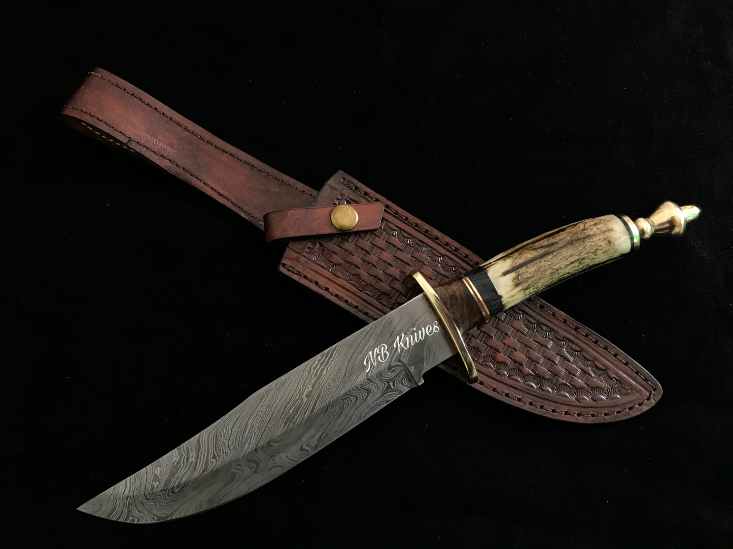 |NB KNIVES| CUSTOM HANDMADE DAMASCUS STAG HORN HUNTING KNIFE WITH LEATHER SHEATH