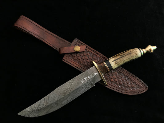 |NB KNIVES| CUSTOM HANDMADE DAMASCUS STAG HORN HUNTING KNIFE WITH LEATHER SHEATH