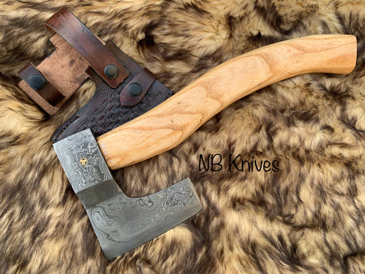 |NB KNIVES| Custom Gift Forged Carbon Steel Viking Axe with Rose Wood Shaft, Viking Bearded Camping Axe, Best Birthday&Anniversary Gift For Him,