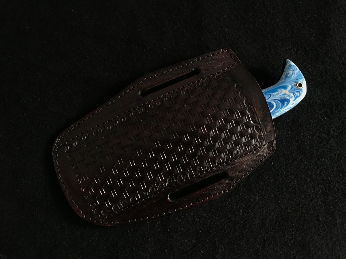 Resin Handle Damascus Cowboy Bull Cutter Knife with Leather Sheath