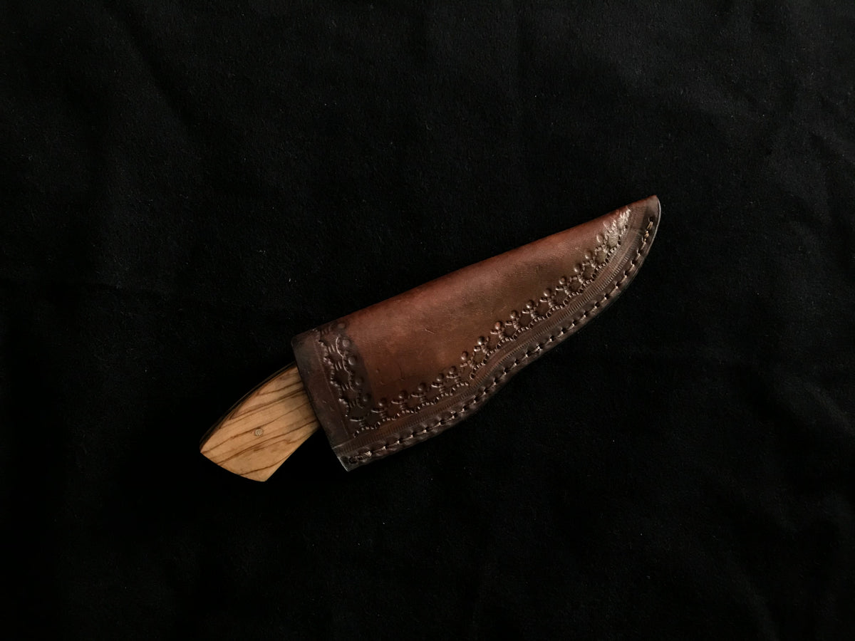 Olive Wood & Hardwood Bolster Damascus Skinner Knife – Handmade