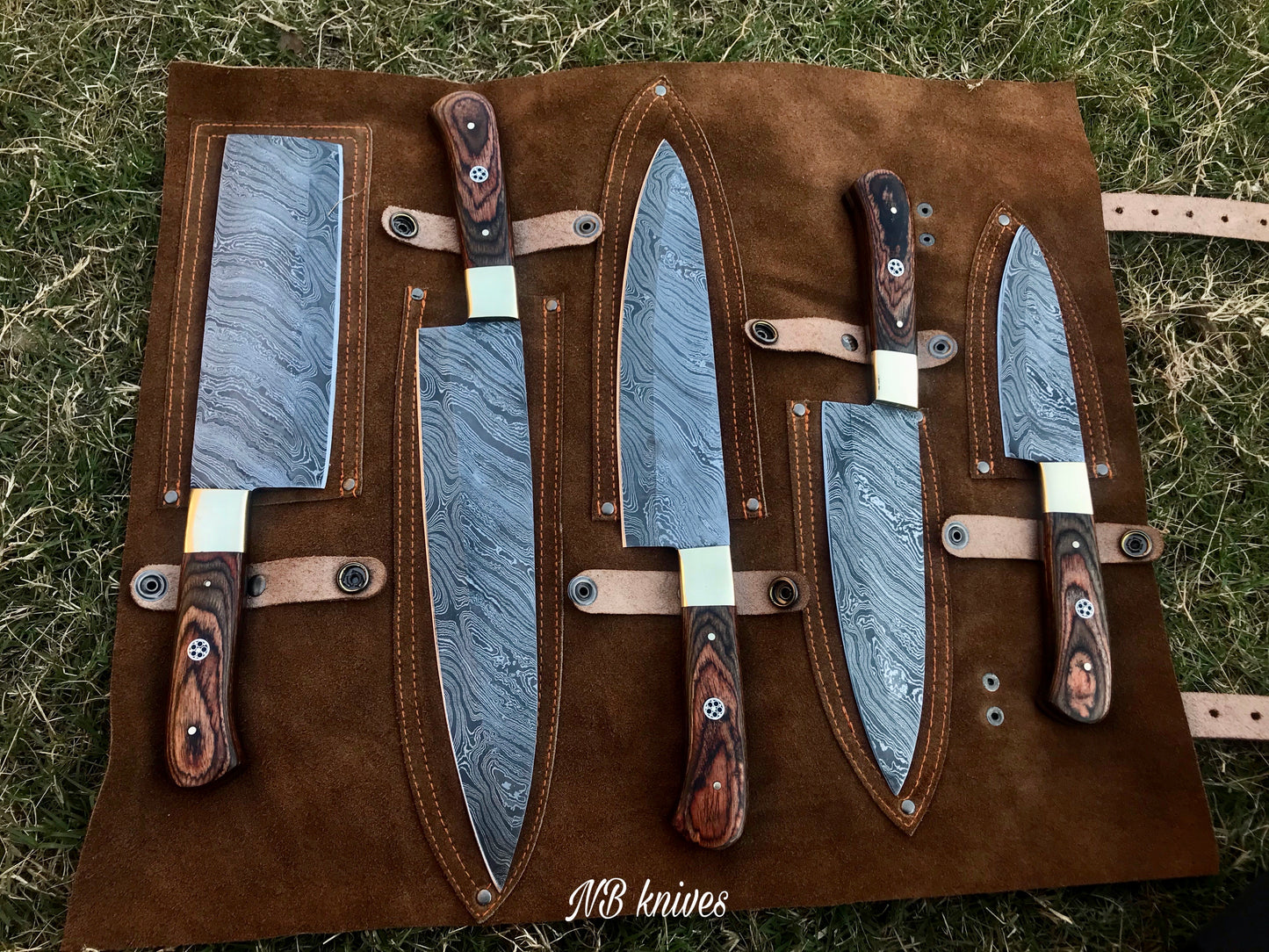 |NB KNIVES| CUSTOM HANDMADE DAMASCUS 5 PCS CHEF SET WITH LEATHER ROLL KIT