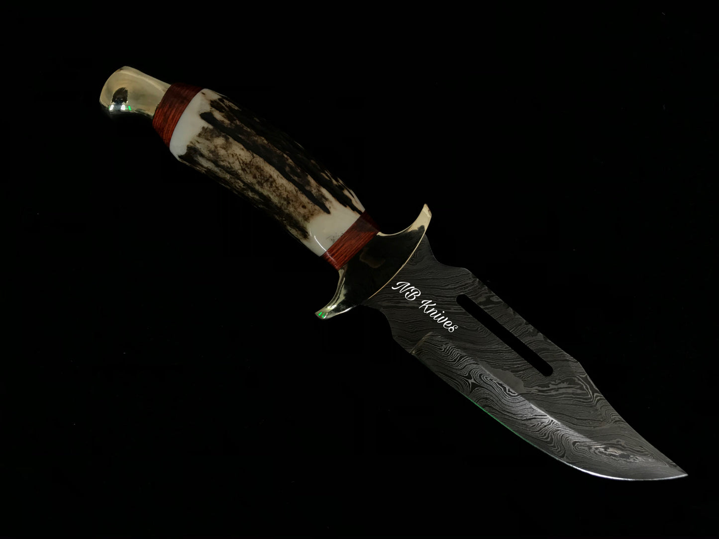 |NB KNIVES| CUSTOM HANDMADE DAMASCUS STAG HORN HUNTING KNIFE WITH LEATHER SHEATH