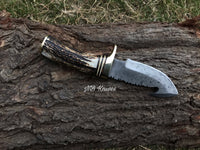 |NB KNIVES| CUSTOM HANDMADE DAMASCUS STAG HORN GUTHOOK KNIFE WITH LEATHER SHEATH