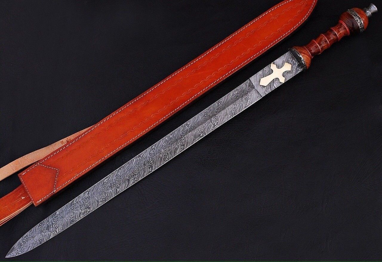 CUSTOM HANDMADE DAMASCUS STEEL SWORD WITH LEATHER SHEATH