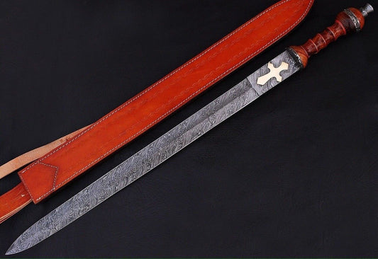CUSTOM HANDMADE DAMASCUS STEEL SWORD WITH LEATHER SHEATH