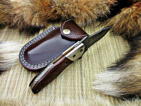 CUSTOM HANDMADE DAMASCUS FOLDING KNIFE WITH LEATHER SHEATH