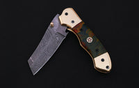 CUSTOM HAND MADE DAMASCUS POCKET KNIFE WITH LEATHER SHEATH
