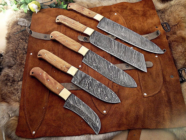 Custom Handmade Damascus Steel 5 Pcs Chef Set Handle Olive Wood With Leather Roll Kit - NB CUTLERY LTD