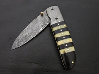 CUSTOM HANDMADE DAMASCUS POCKET KNIFE WITH LEATHER SHEATH