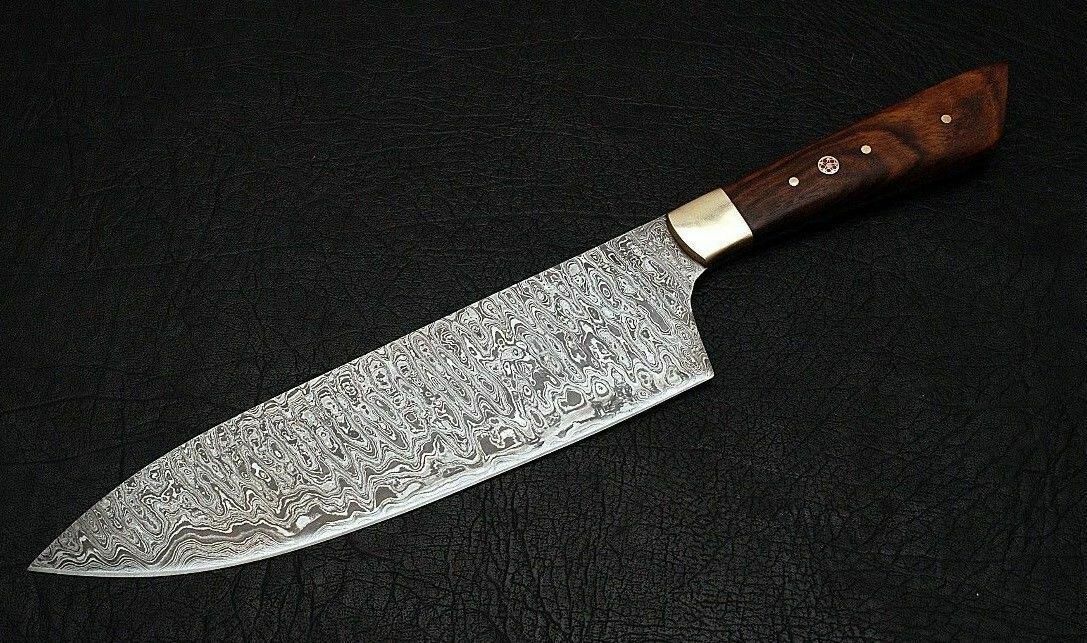 Handmade Damascus Steel Chef Knife | Rosewood Handle | 12" | Leather Sheath