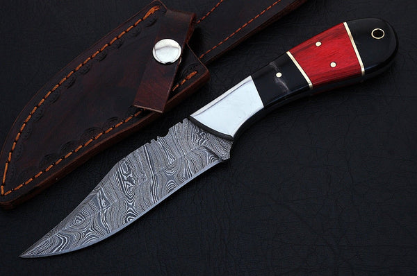 CUSTOM HANDMADE DAMASCUS HUNTING KNIFE HANDLE Genuine Red/Black Horn Handle with Brass