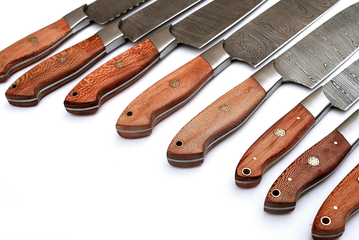 Handmade Damascus Steel 8-Piece Chef Knife Set | Chinar Wood & Brass Pin