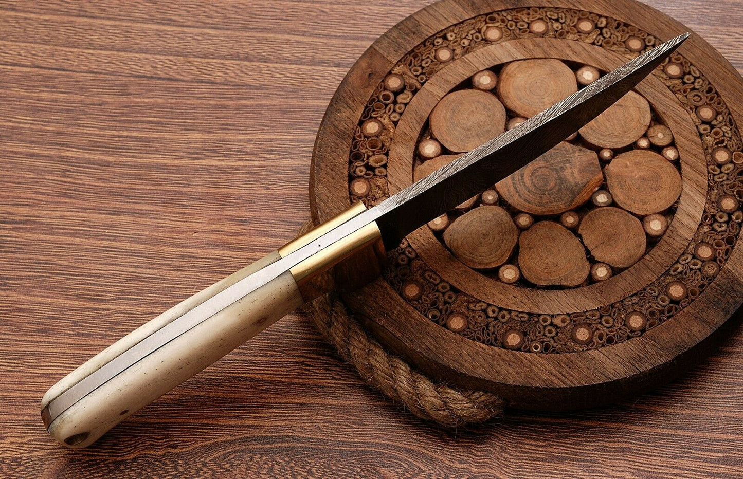 CUSTOM HANDMADE DAMASCUS HUNTING KNIFE Handle Camel Bone & Buffalo Horn with Stunning Brass Pins.