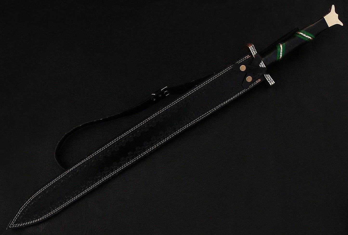CUSTOM HANDMADE DAMASCUS STEEL SWORD WITH LEATHER SHEATH