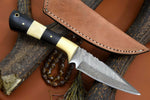 CUSTOM HANDMADE DAMASCUS HUNTING KNIFE Handle Camel Bone & Buffalo Horn Bolster Brass