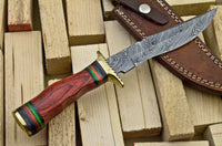 CUSTOM HAND MADE DAMASCUS STEEL HUNTING BOWIE KNIFE - BRASS GUARD