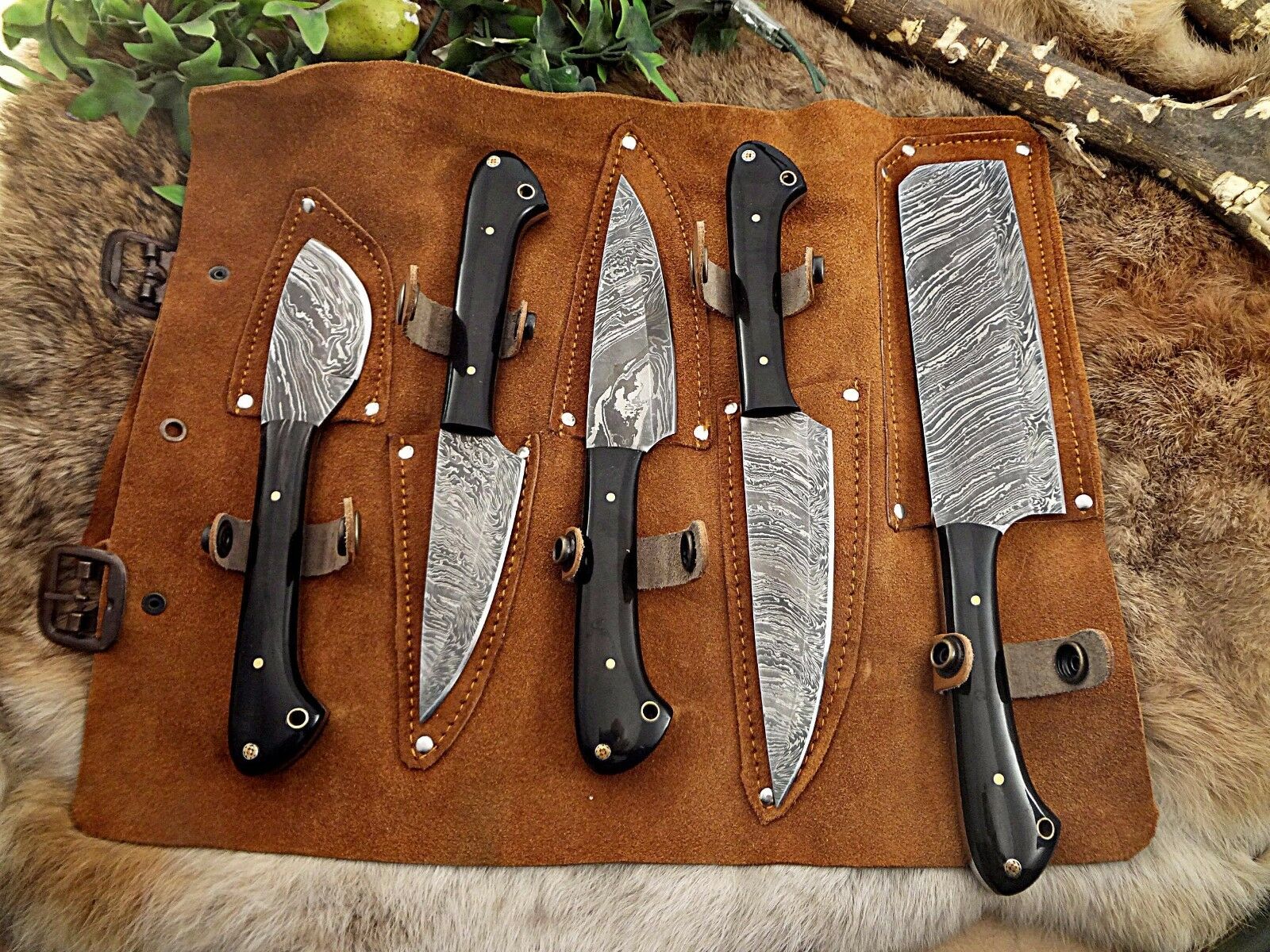 5 piece Kitchen knife set, full tang hand forged Damascus steel, Leather sheath - NB CUTLERY LTD