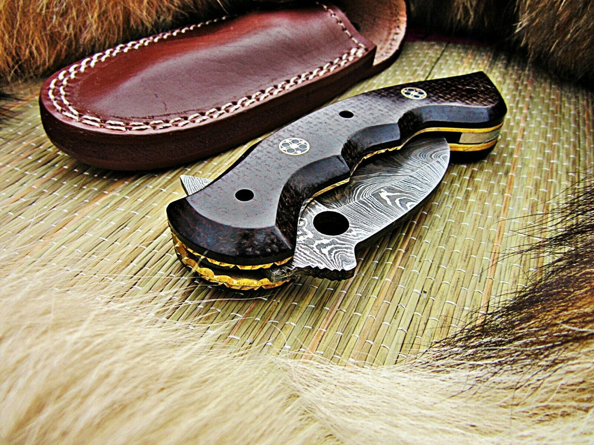 CUSTOM HANDMADE DAMASCUS POCKET KNIFE WITH LEATHER SHEATH