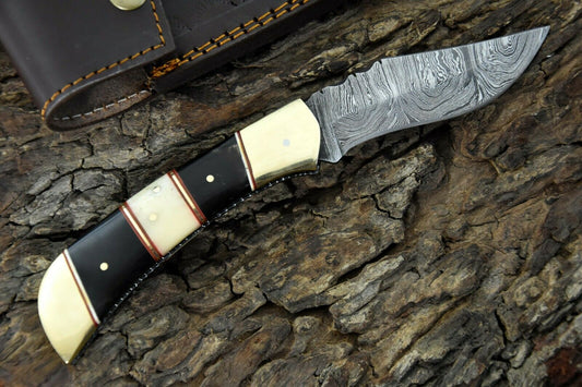 Damascus Steel Pocket Knife Featuring Camel Bone & Black Horn Handle