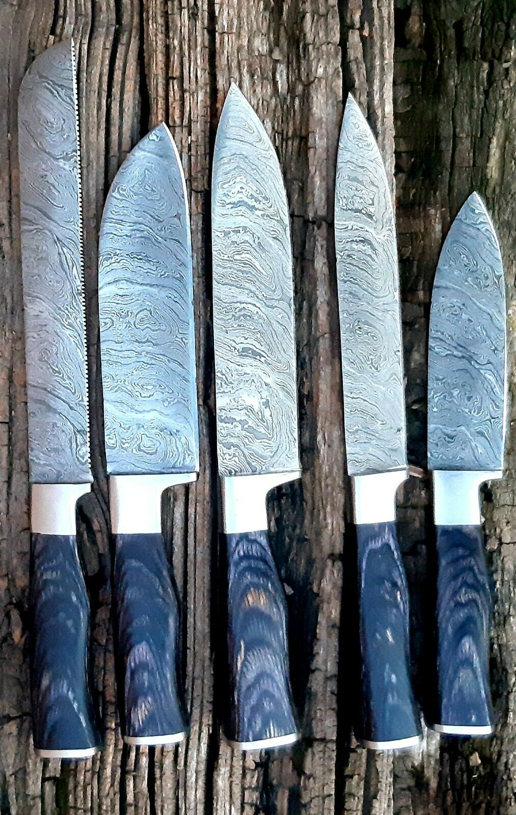 CUSTOM HANDMADE DAMASCUS 5 PCS CHEF SET WITH LEATHER ROLL KIT