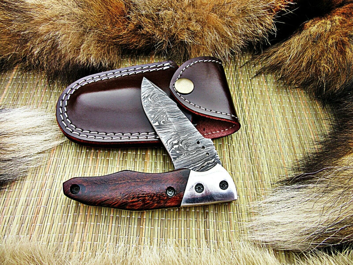 CUSTOM HANDMADE DAMASCUS FOLDING KNIFE WITH LEATHER SHEATH