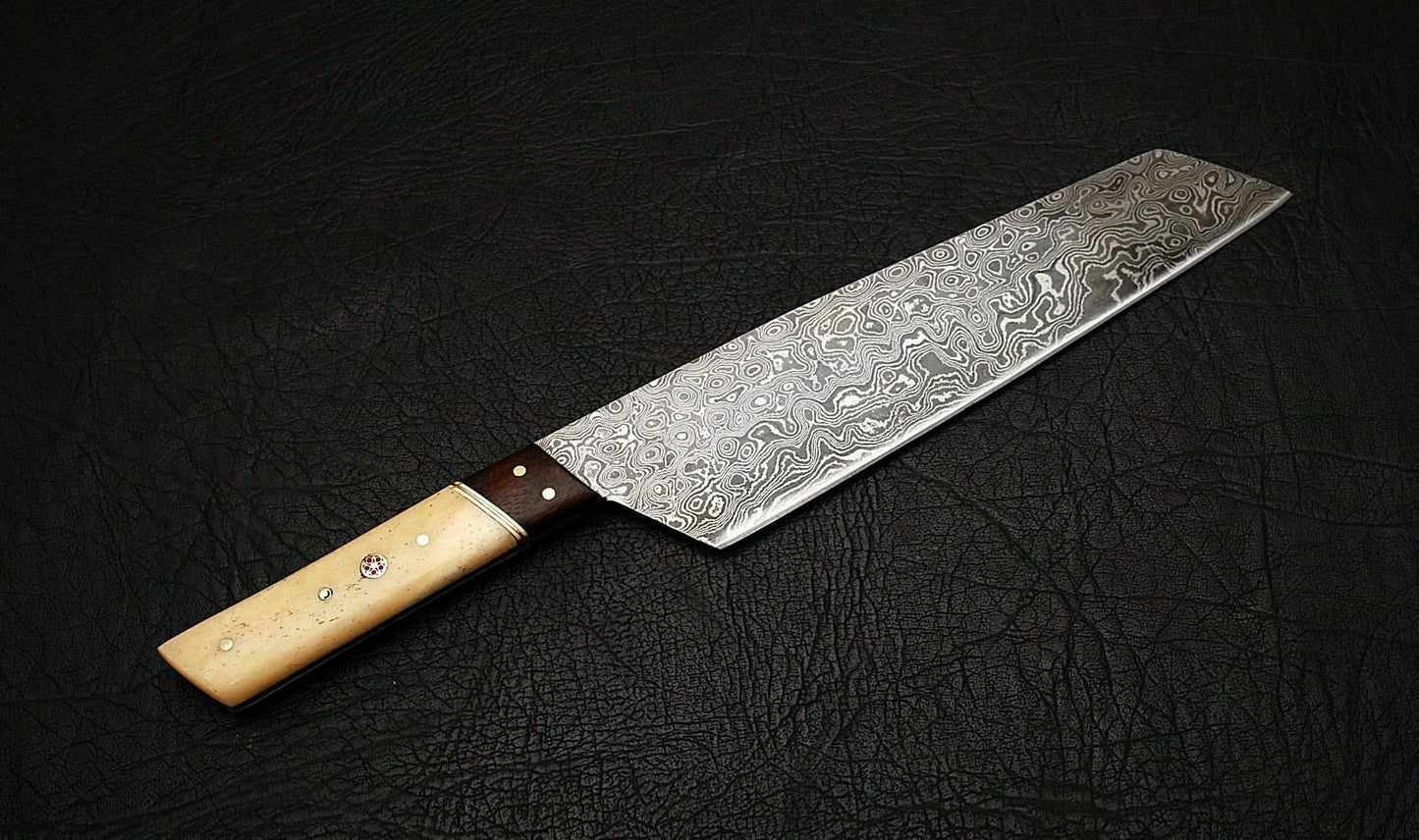 CUSTOM HANDMADE DAMASCUS CHEF KNIFE WITH LEATHER SHEATH