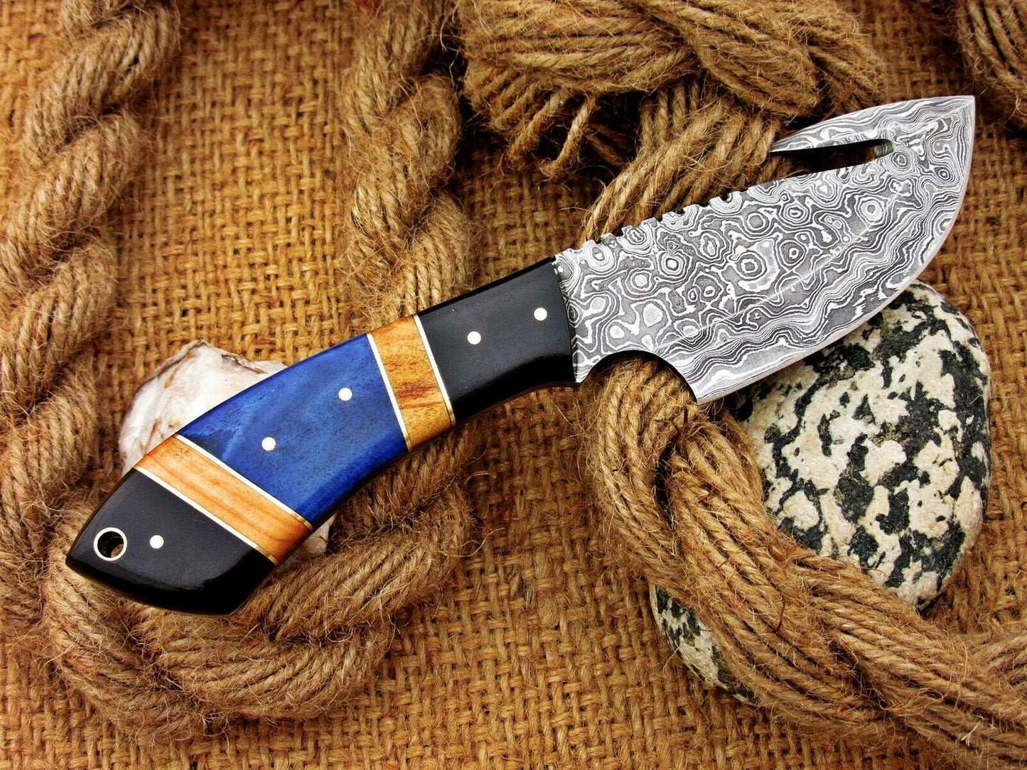 |NB KNIVES| CUSTOM HANDMADE DAMASCUS GUTHOOK HUNTING KNIFE Handle Material , horn ,olivewood,colored bone