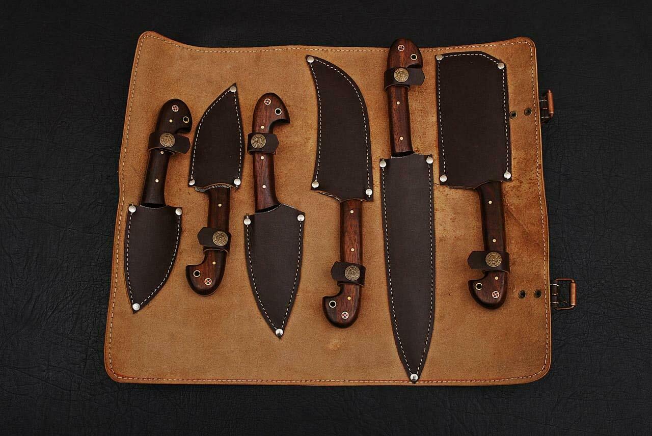 CUSTOM HANDMADE DAMASCUS STEEL CHEF SET WITH ROSE WOOD