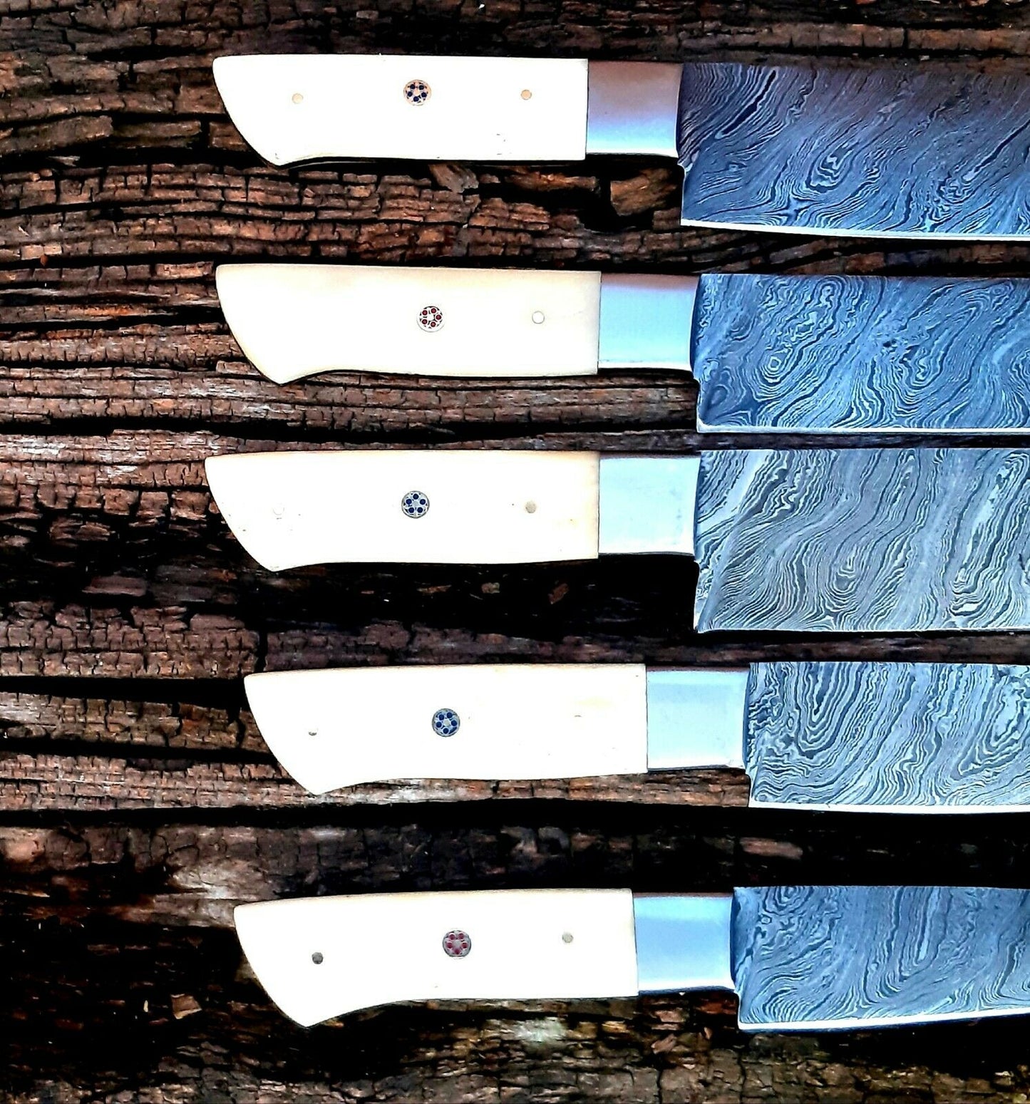 CUSTOM HANDMADE DAMASCUS 5 PCS CHEF SET WITH LEATHER ROLL KIT